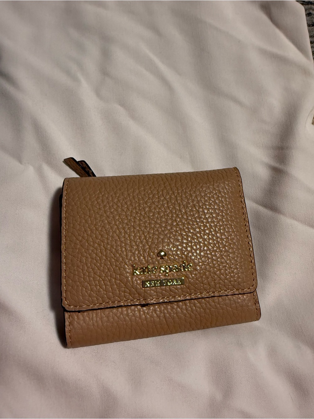kate spade Pebbled Leather Trifold Wallet - Brown with Gold Logo